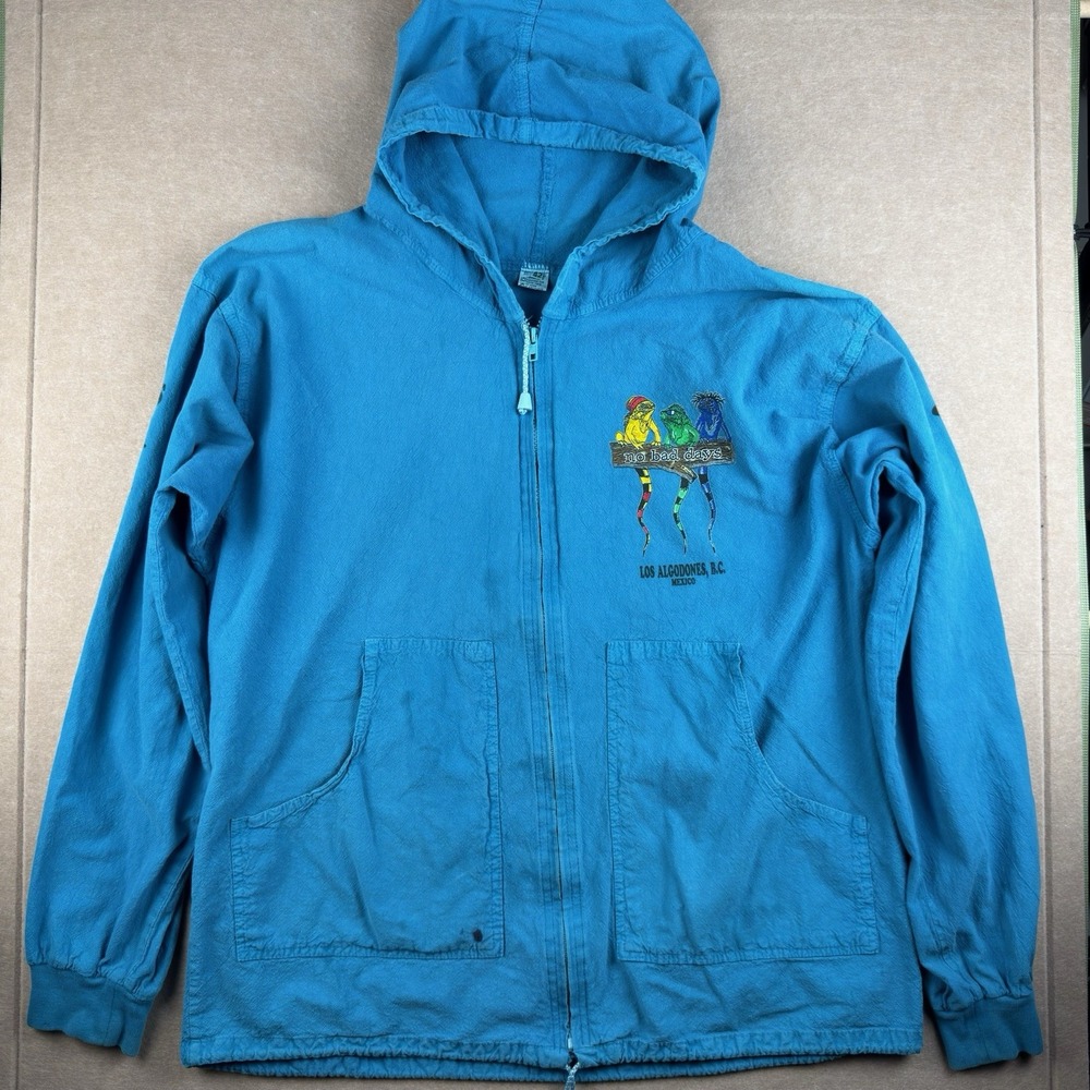 Vintage 90s No Bad Days Hoodie Men‎ 42 Blue Los Algodones Mexico Iguana Graphic